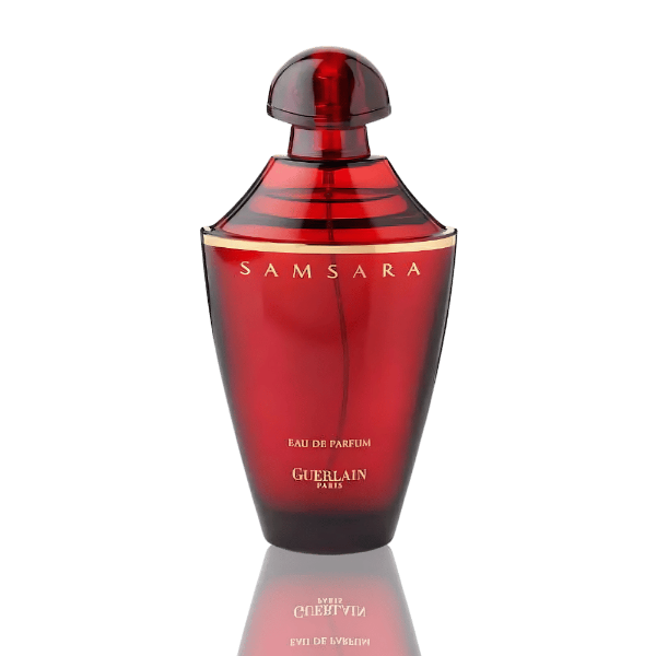 "Guerlain Samsara Eau de Parfum 100mL with sandalwood, jasmine, and vanilla."