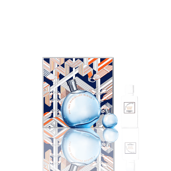 Hermès Eau Des Merveilles Bleue Gift Set – 100mL EDP & 80mL body lotion with aquatic fragrance.